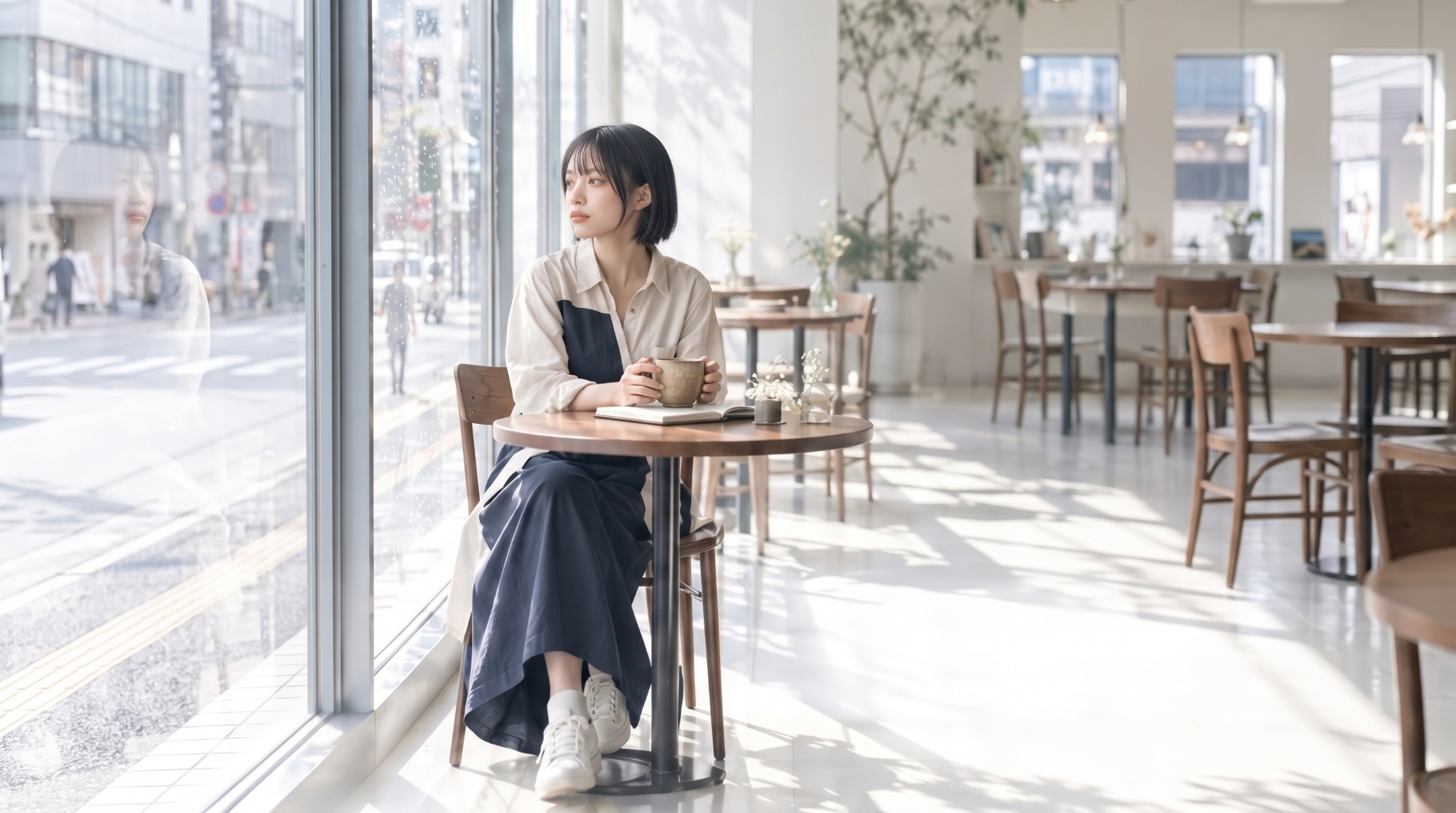 窓際のカフェで静かに座る羽佐未希未
