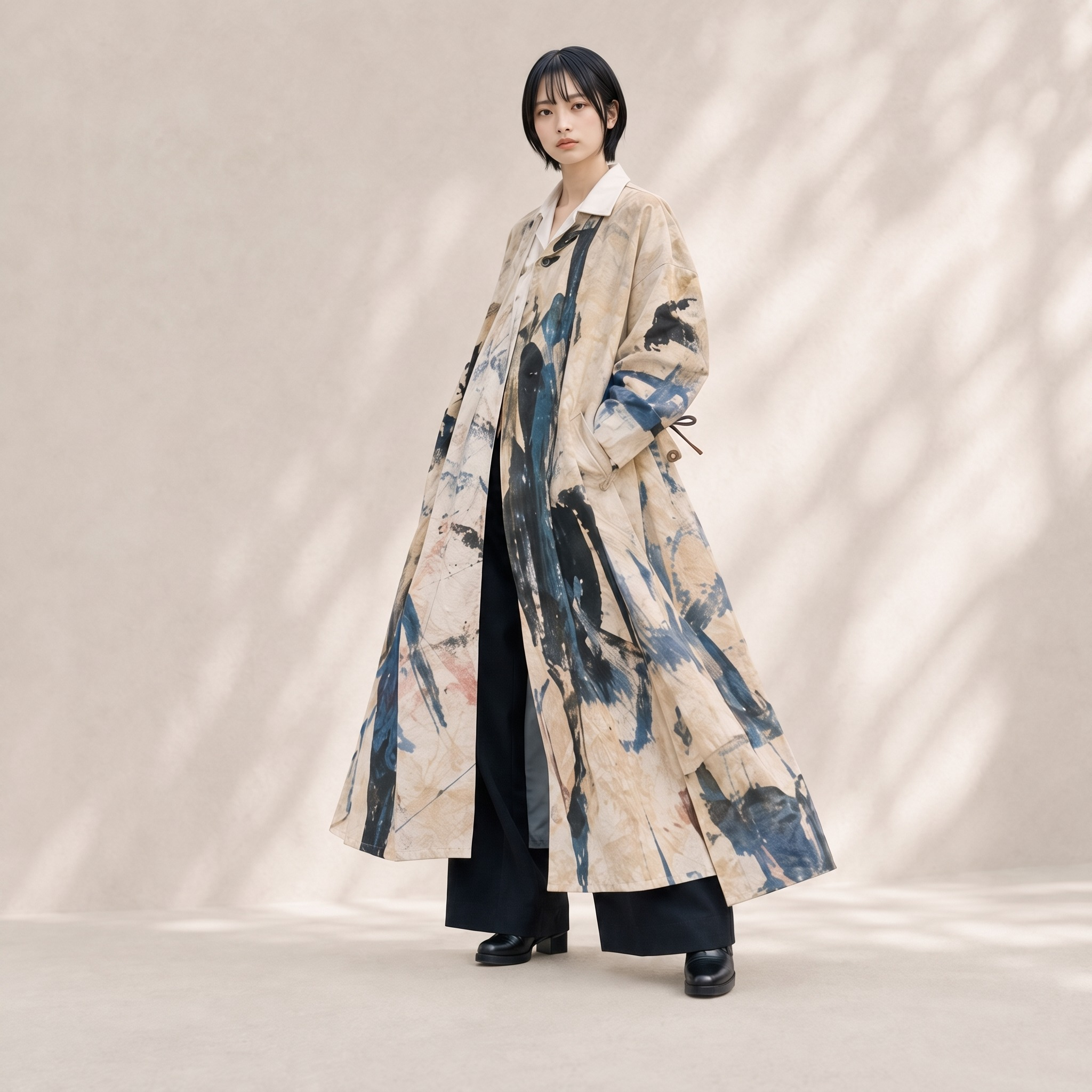 ペイント柄のロングコートを着た羽佐未希未