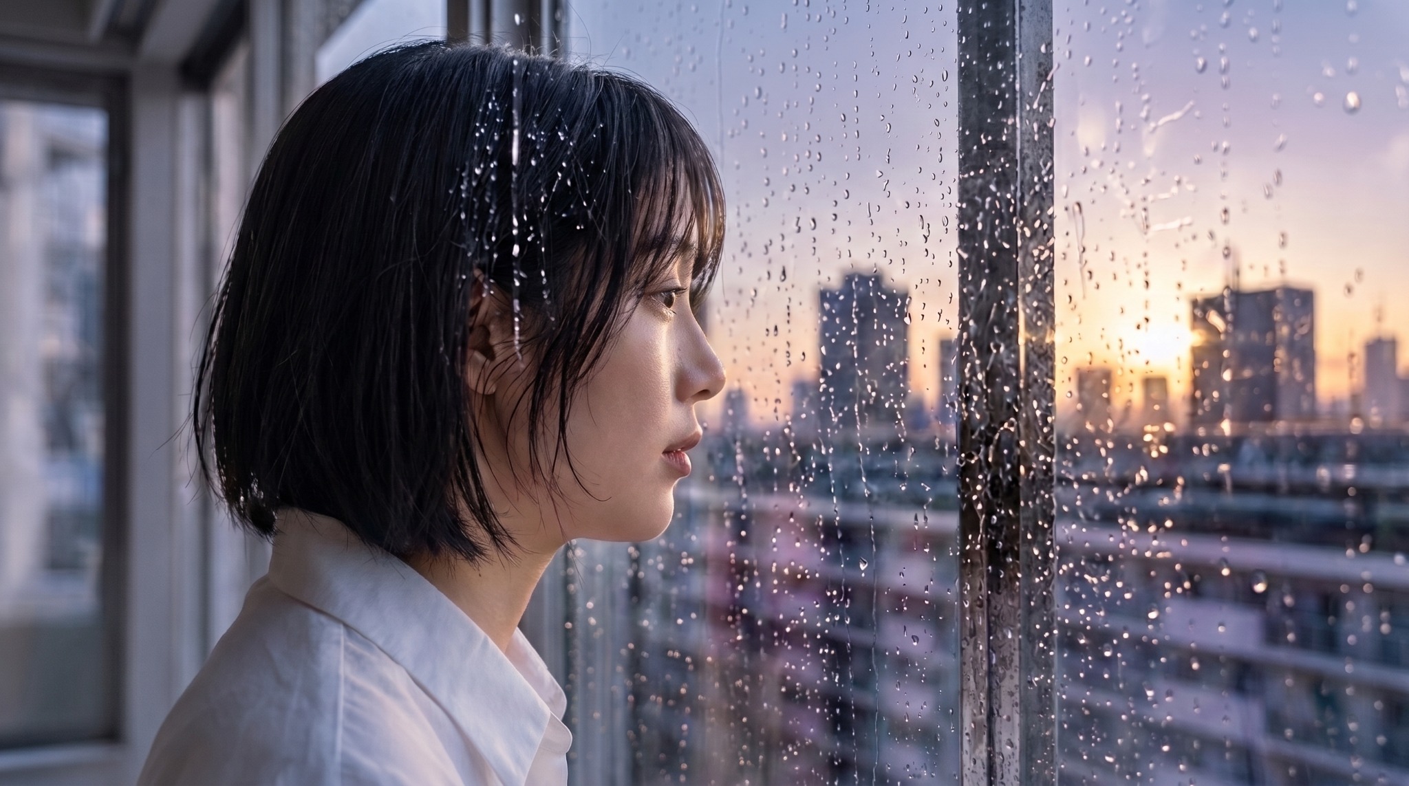 雨粒のついた窓越しに街を見る横顔