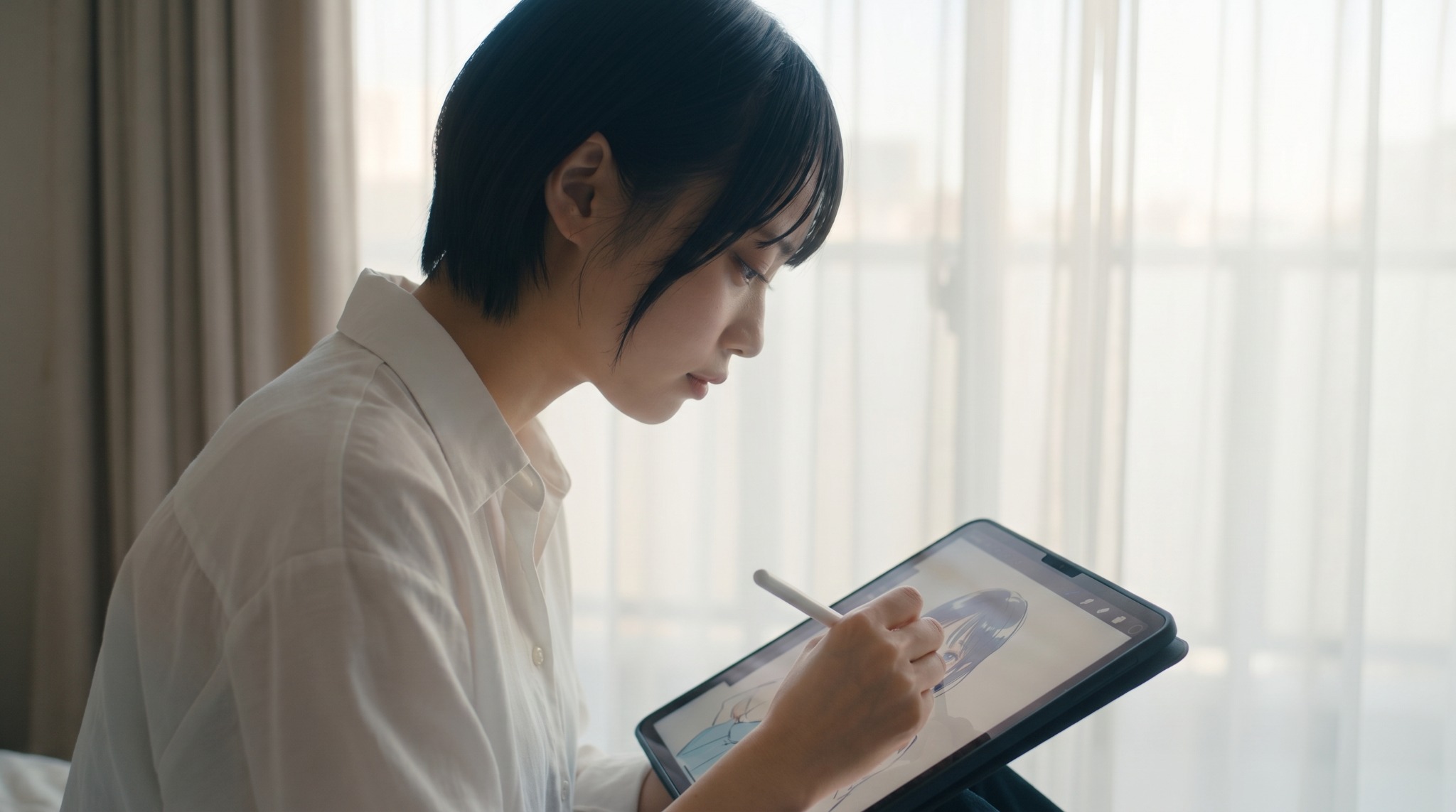 部屋でタブレットにイラストを描く羽佐未 希未