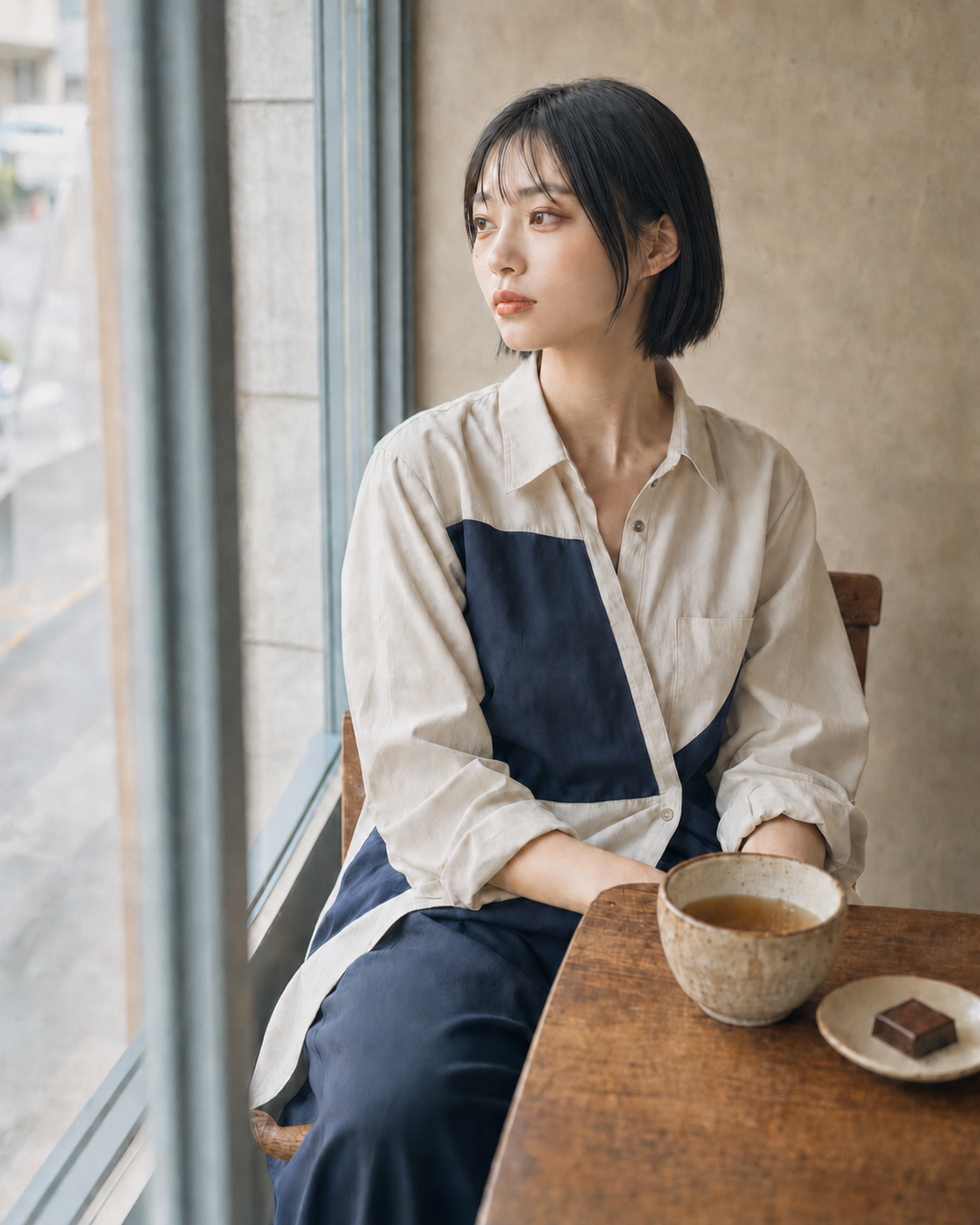 窓際でほうじ茶を飲む羽佐未 希未